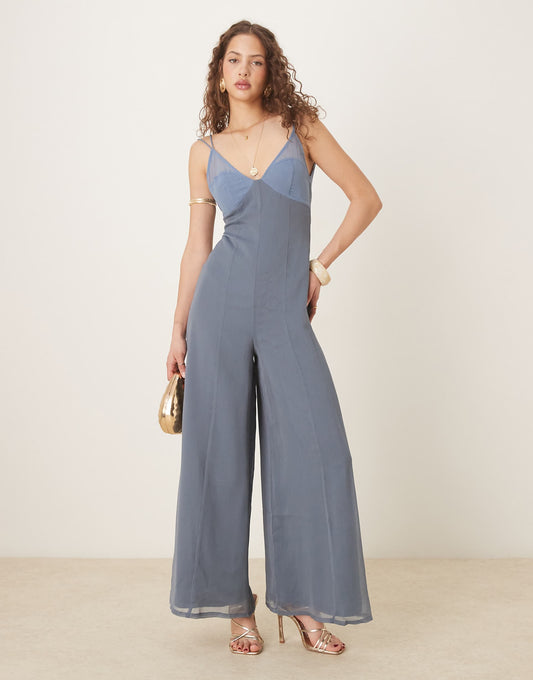 V Neck Sheer Panel Chiffon Jumpsuit