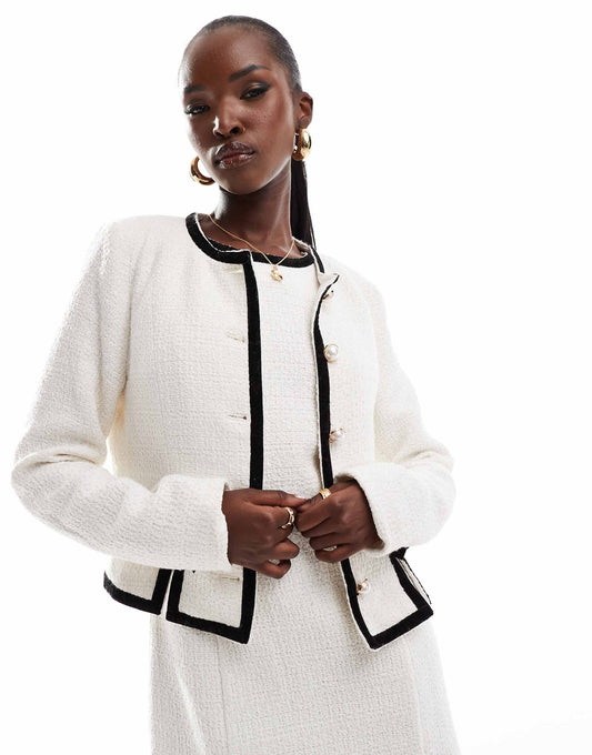 Boucle Bow Detail Pearl Button Through Fitted Jacket Co-Ord