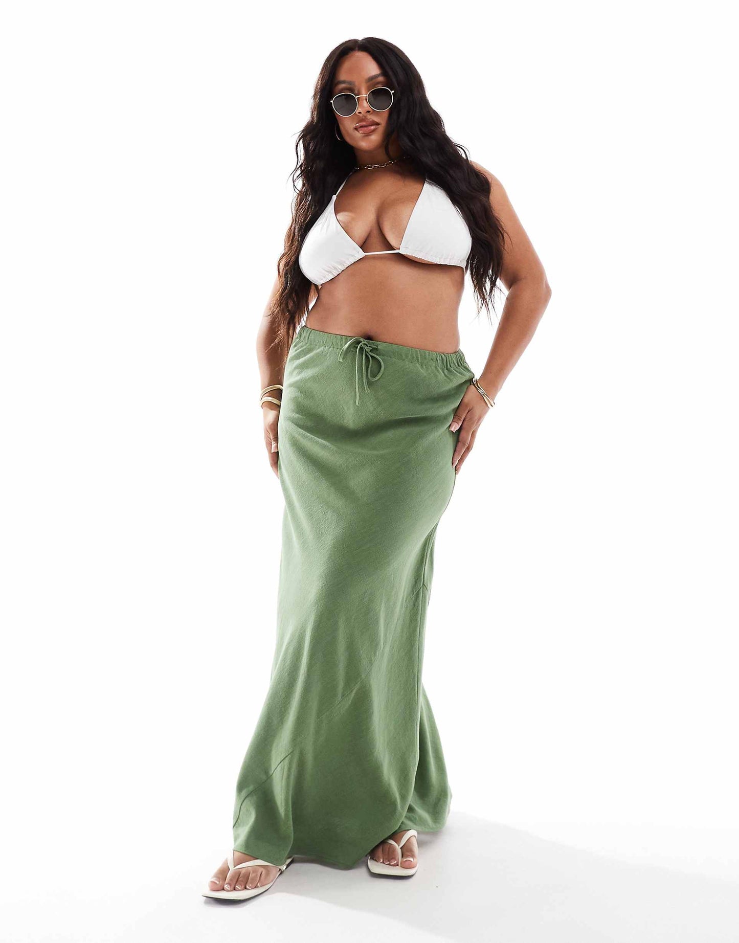 Curve Linen Look Tie Waist Bias Maxi Skirt