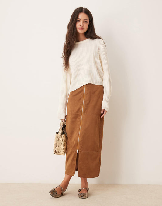 Zip Detail Faux Suede Maxi Skirt