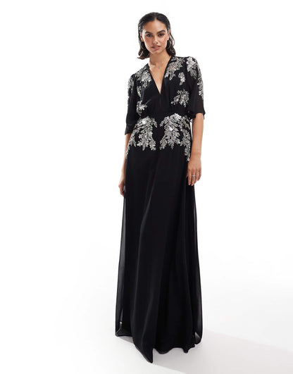 Flutter Sleeve Embellished Maxi Dress