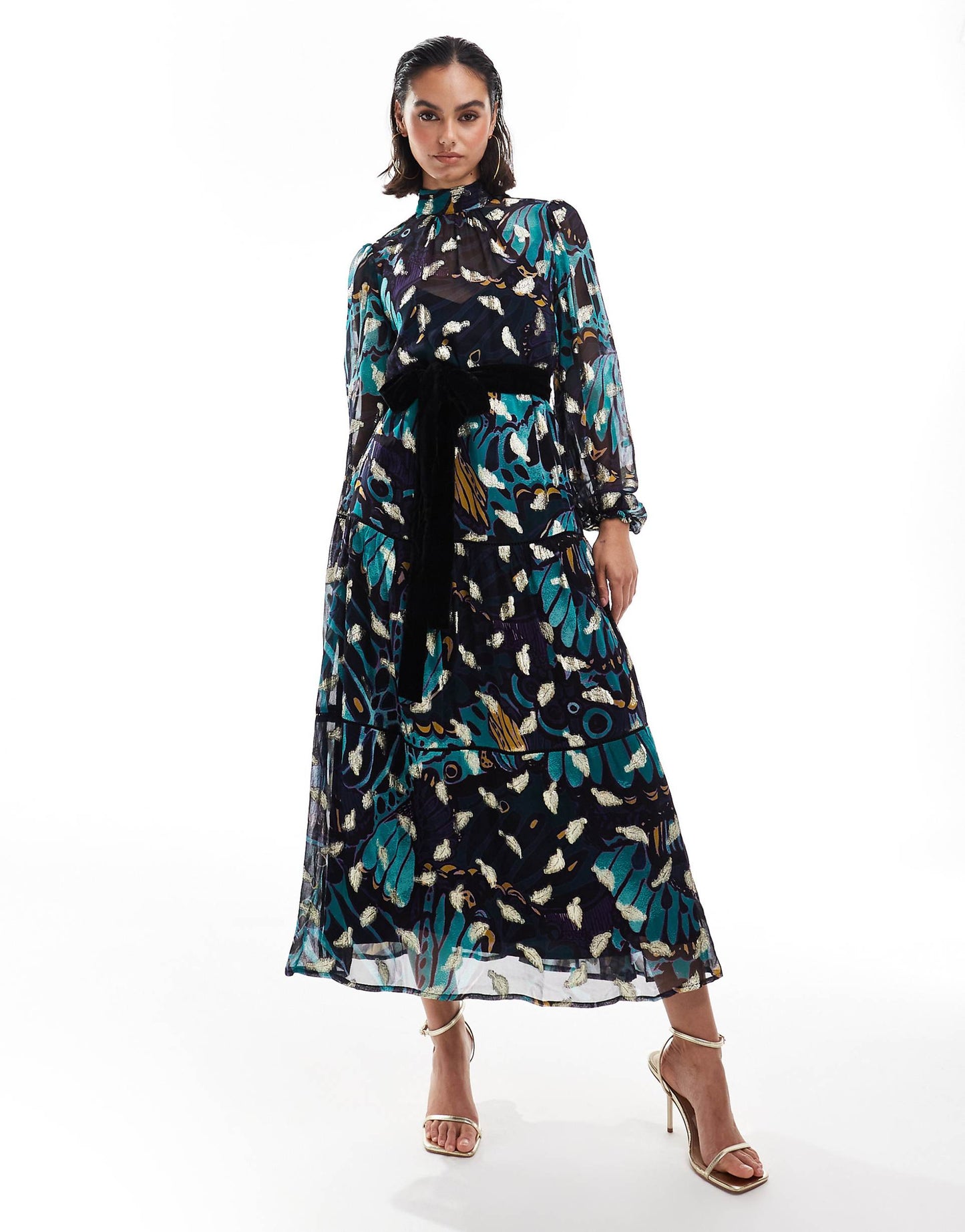 Premium Printed Maxi Dress With Velvet Belt And Gold Fleck