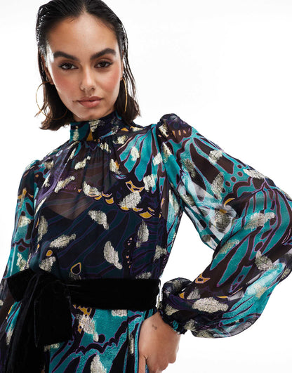 Premium Printed Maxi Dress With Velvet Belt And Gold Fleck