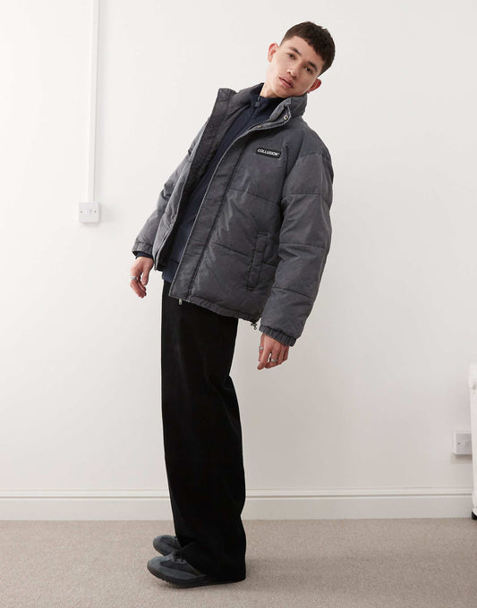 Washed Look Funnel Neck Puffer Jacket