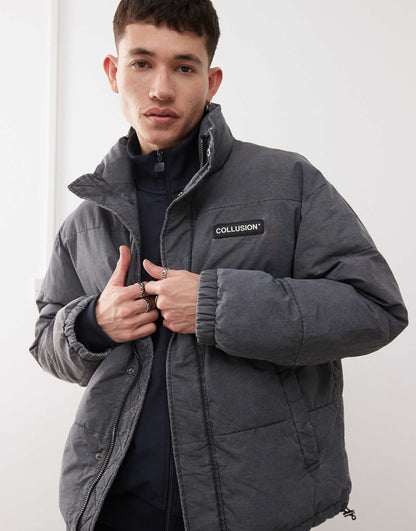 Washed Look Funnel Neck Puffer Jacket