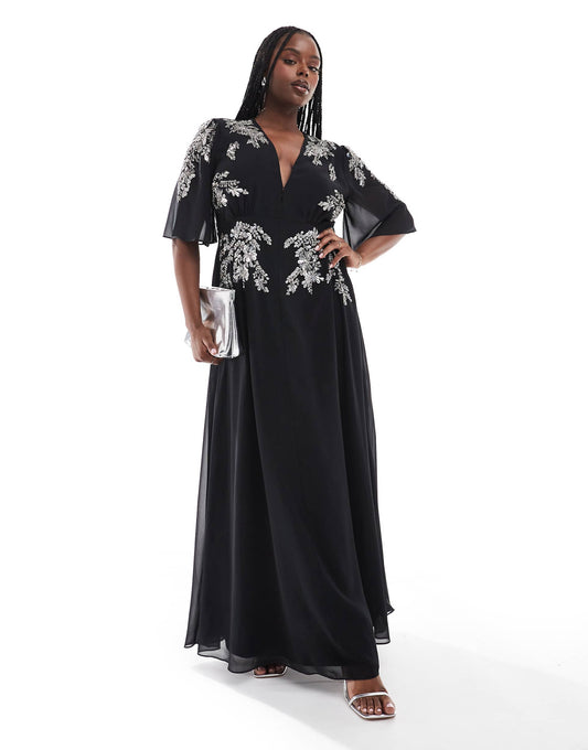 Plus Flutter Sleeve Embellished Maxi Dress