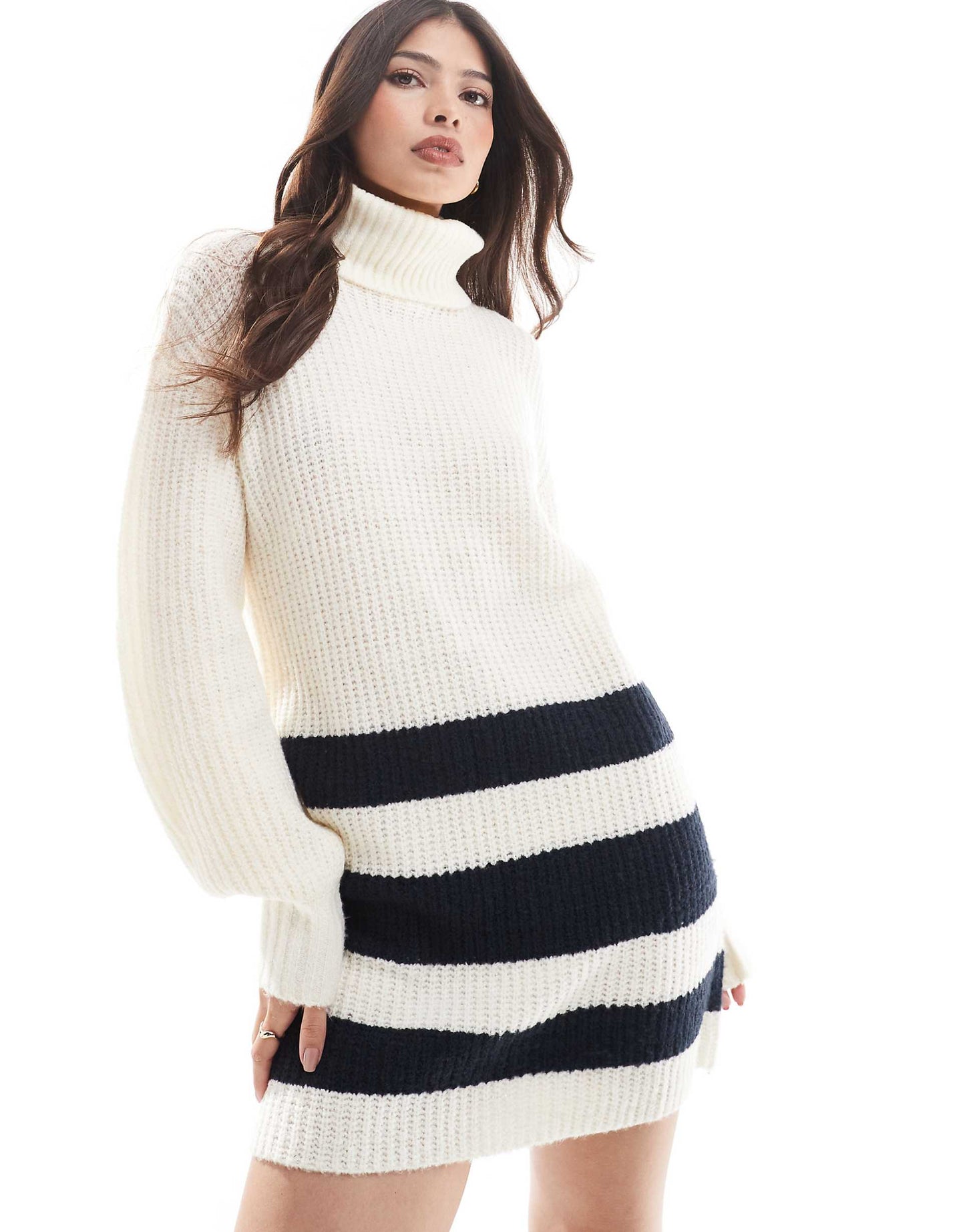 Funnel Neck Stripe Hem Mini Knit Dress