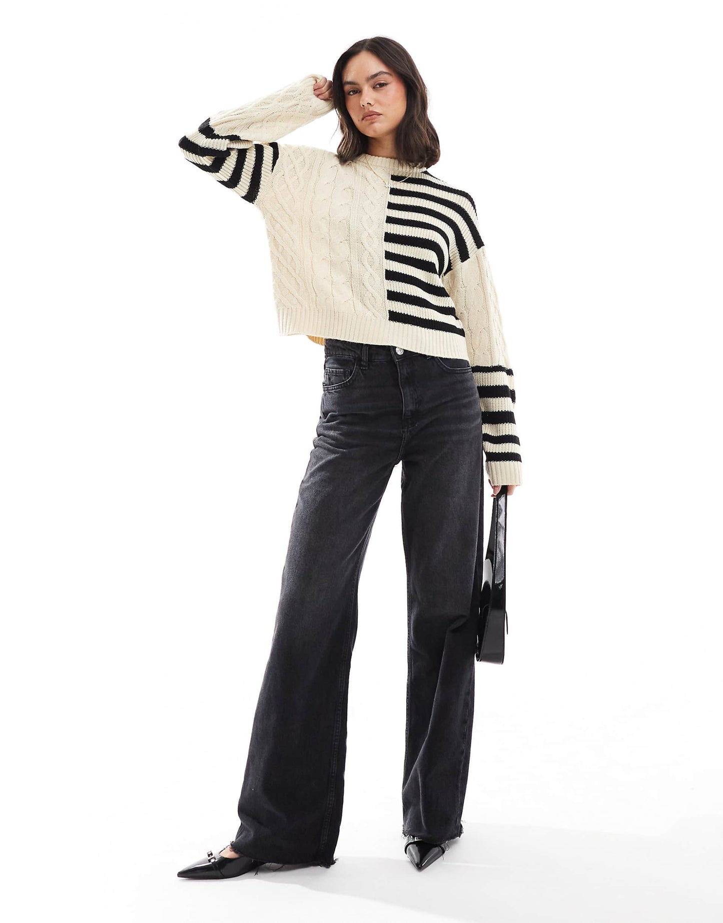 Cable Knit And Stripe Cropped Jumper