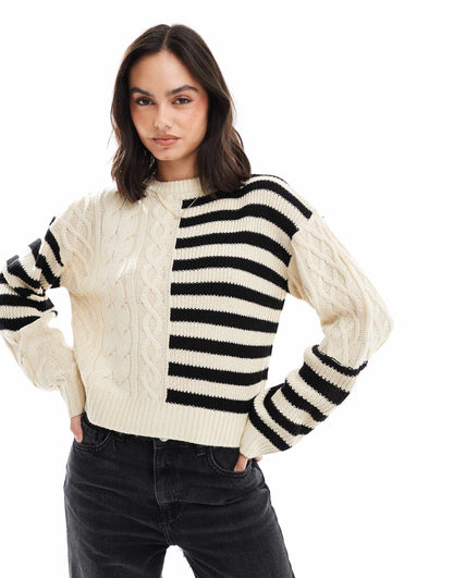 Cable Knit And Stripe Cropped Jumper