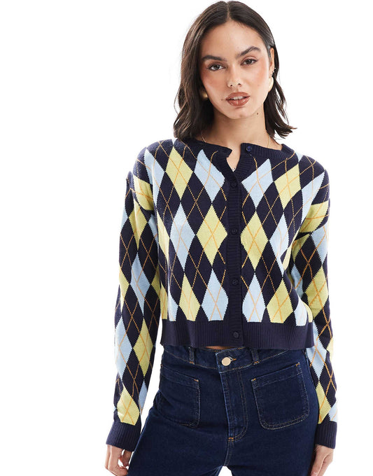 Argyle Print Fine Gauge Cardigan