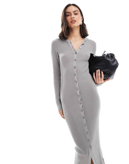 Ribbed Button Through Midaxi Knit Dress