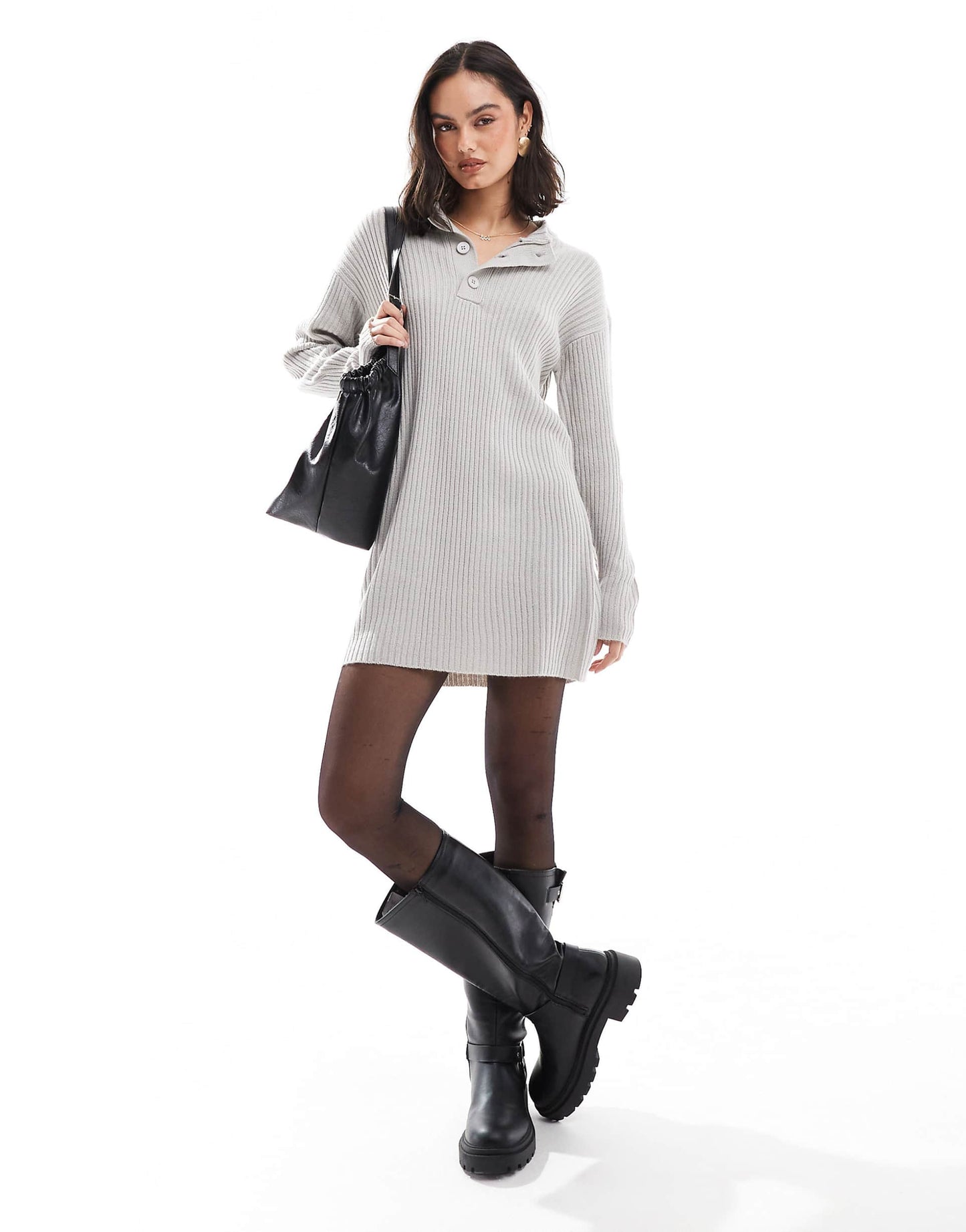 Funnel Neck Button Detail Chunky Ribbed Jumper Dress