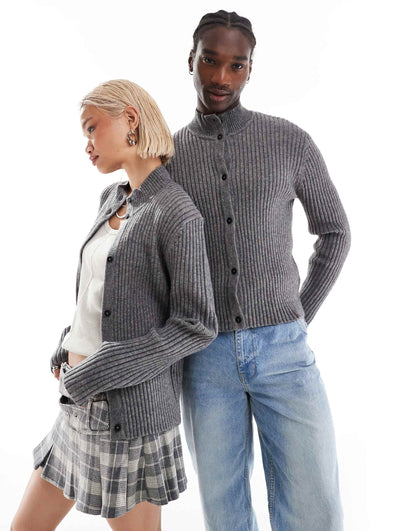 Unisex Ribbed Knit High Neck Buttoned Jumper