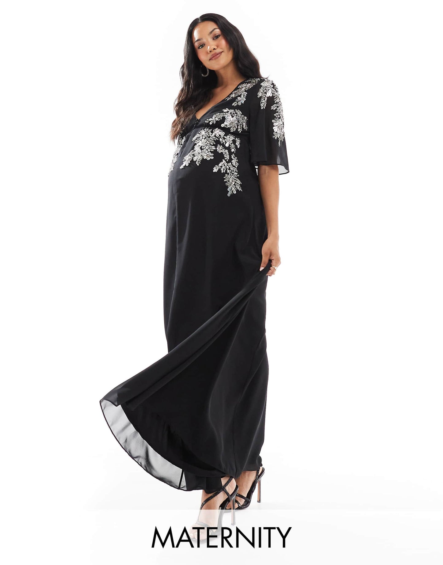 Maternity Flutter Sleeve Embellished Maxi Dress