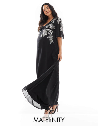 Maternity Flutter Sleeve Embellished Maxi Dress