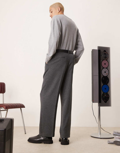 Smart Wide Leg Brushed Texture Trousers With Front Pleats