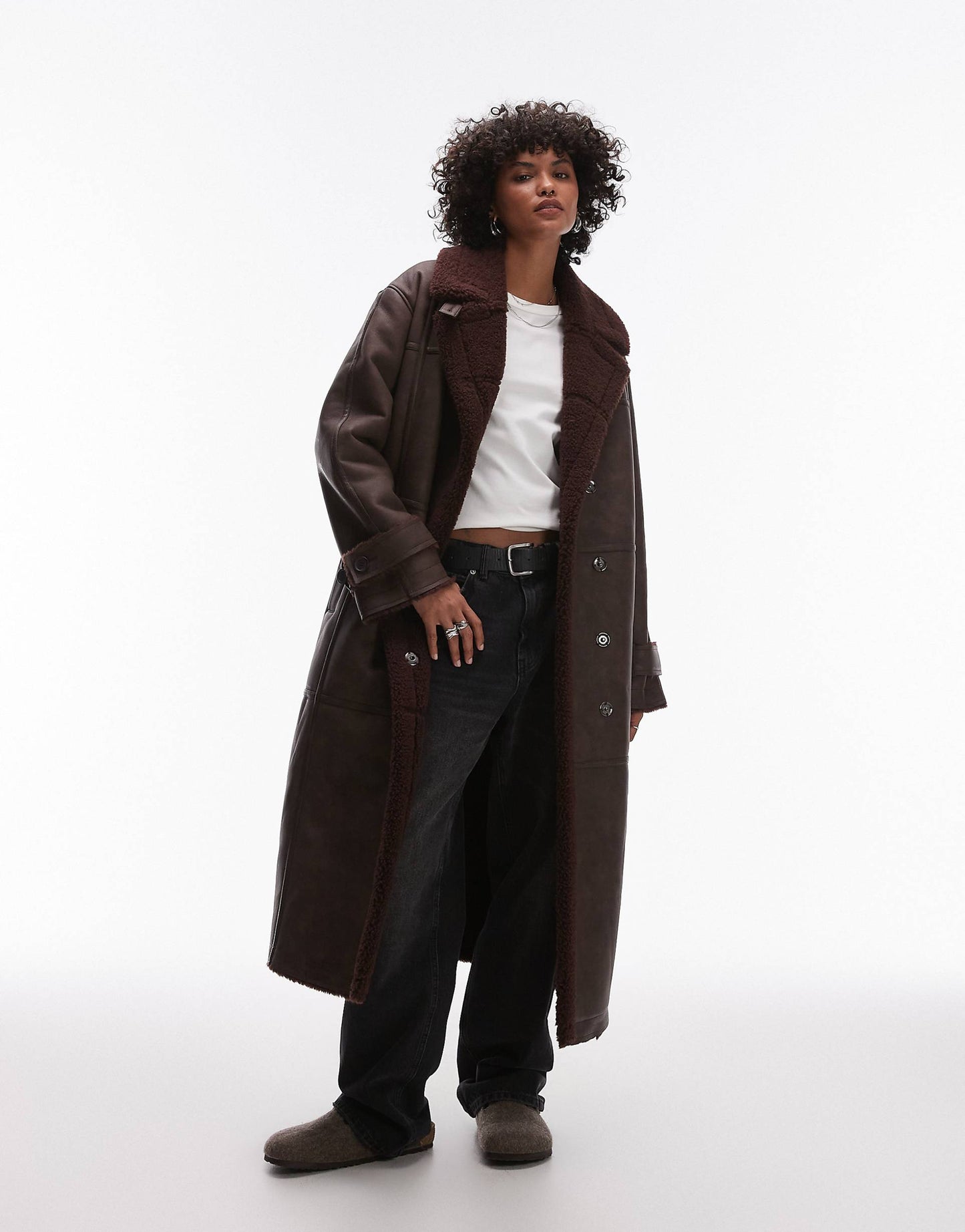 Faux Leather Shearling Long Aviator Jacket