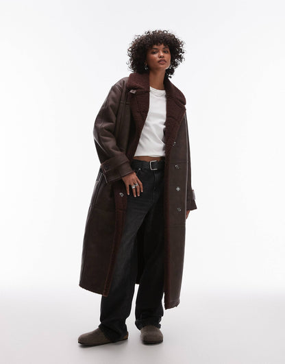 Faux Leather Shearling Long Aviator Jacket