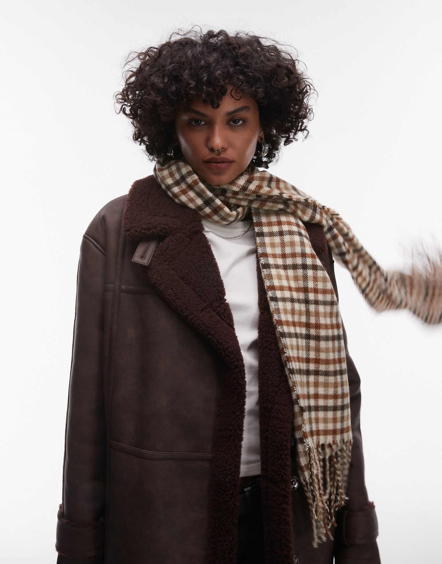 Faux Leather Shearling Long Aviator Jacket