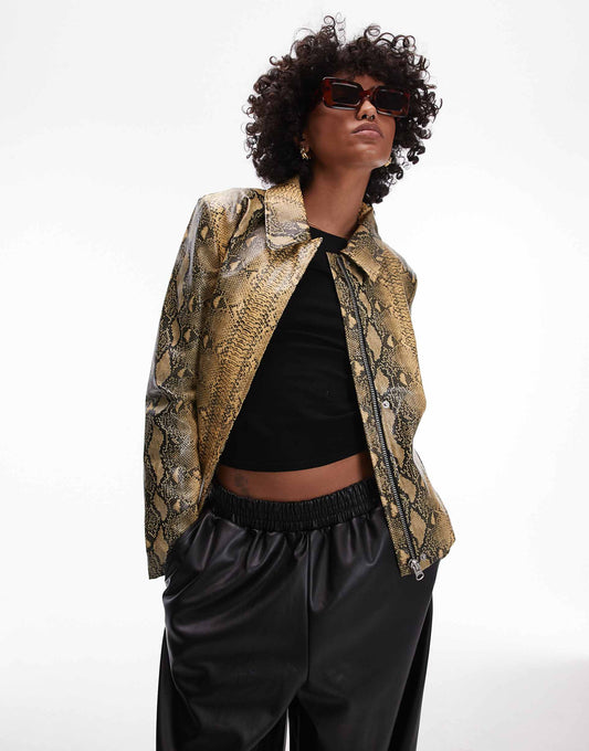 Faux Leather Snake Jacket With Center Front Zip