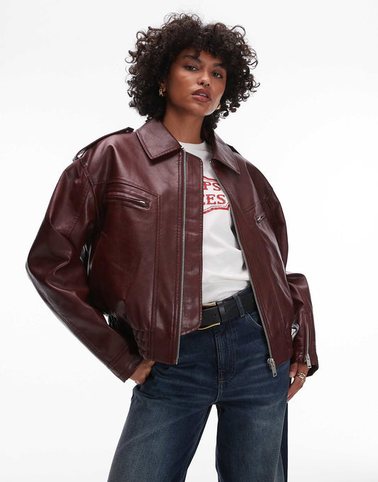 Faux Leather Cropped Collar Bomber Jacket