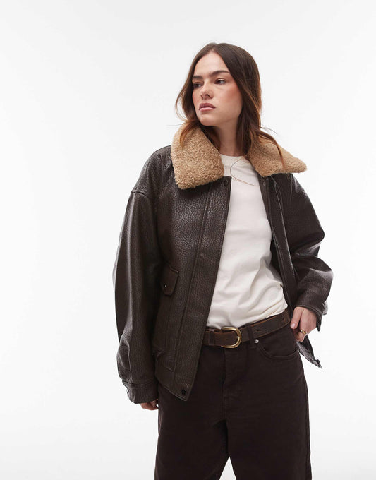 Bubble Faux Leather Jacket With Detachable Borg Collar