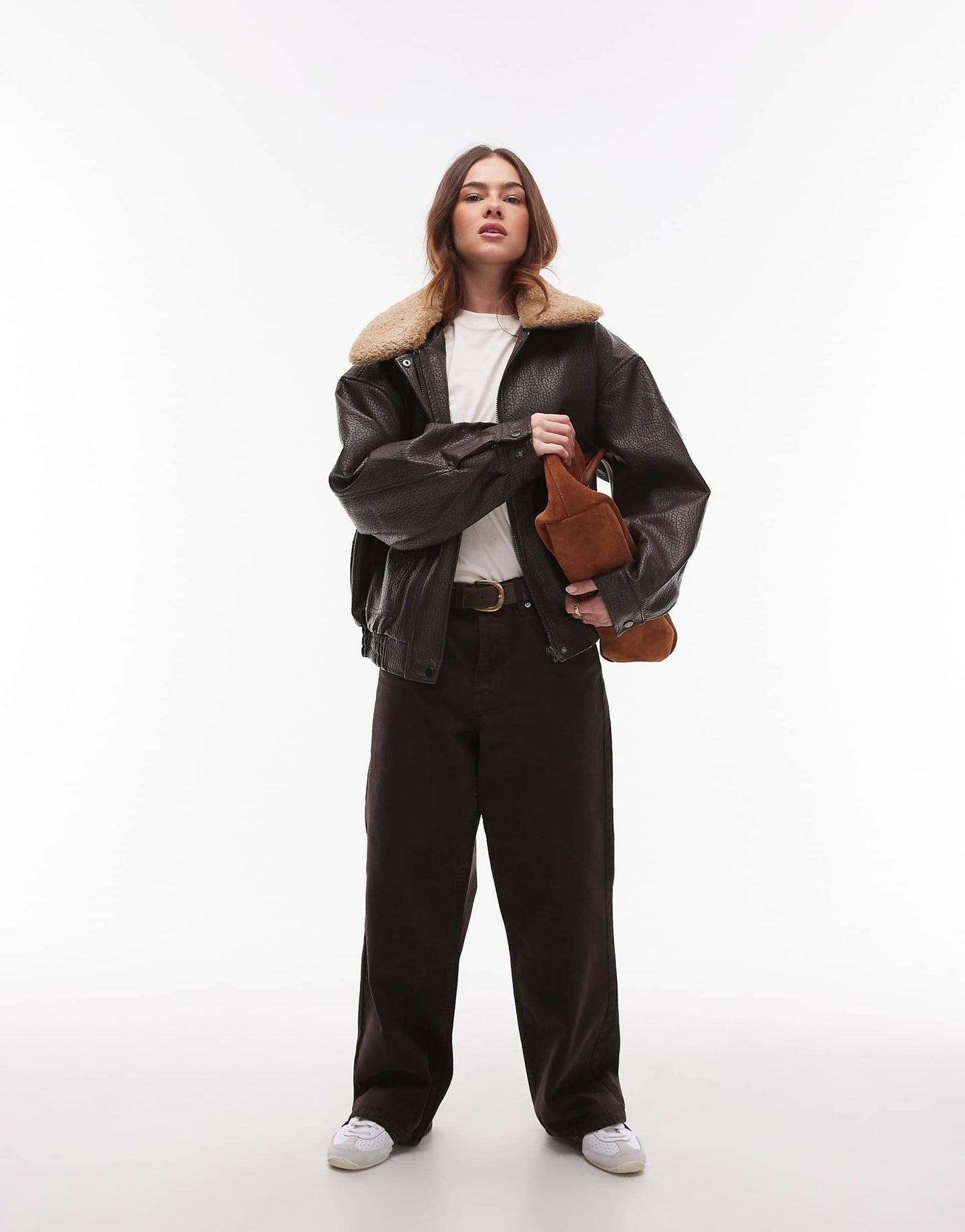 Bubble Faux Leather Jacket With Detachable Borg Collar