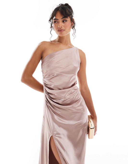 Bridesmaid Amelia One Shoulder Ruched Satin Maxi Dress