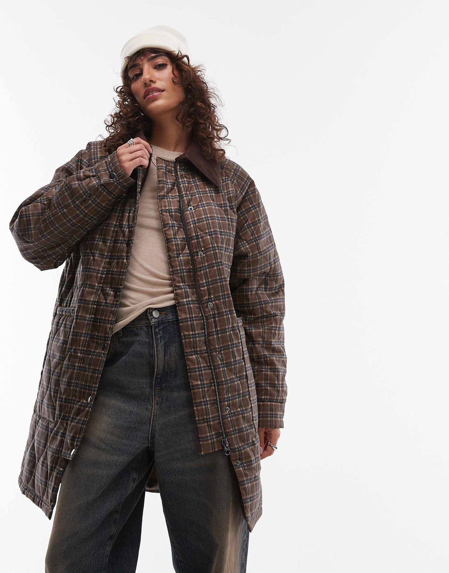 Check Long Nylon Coat With Cord Collar