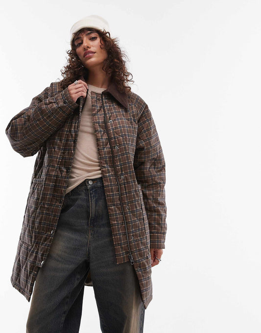Check Long Nylon Coat With Cord Collar