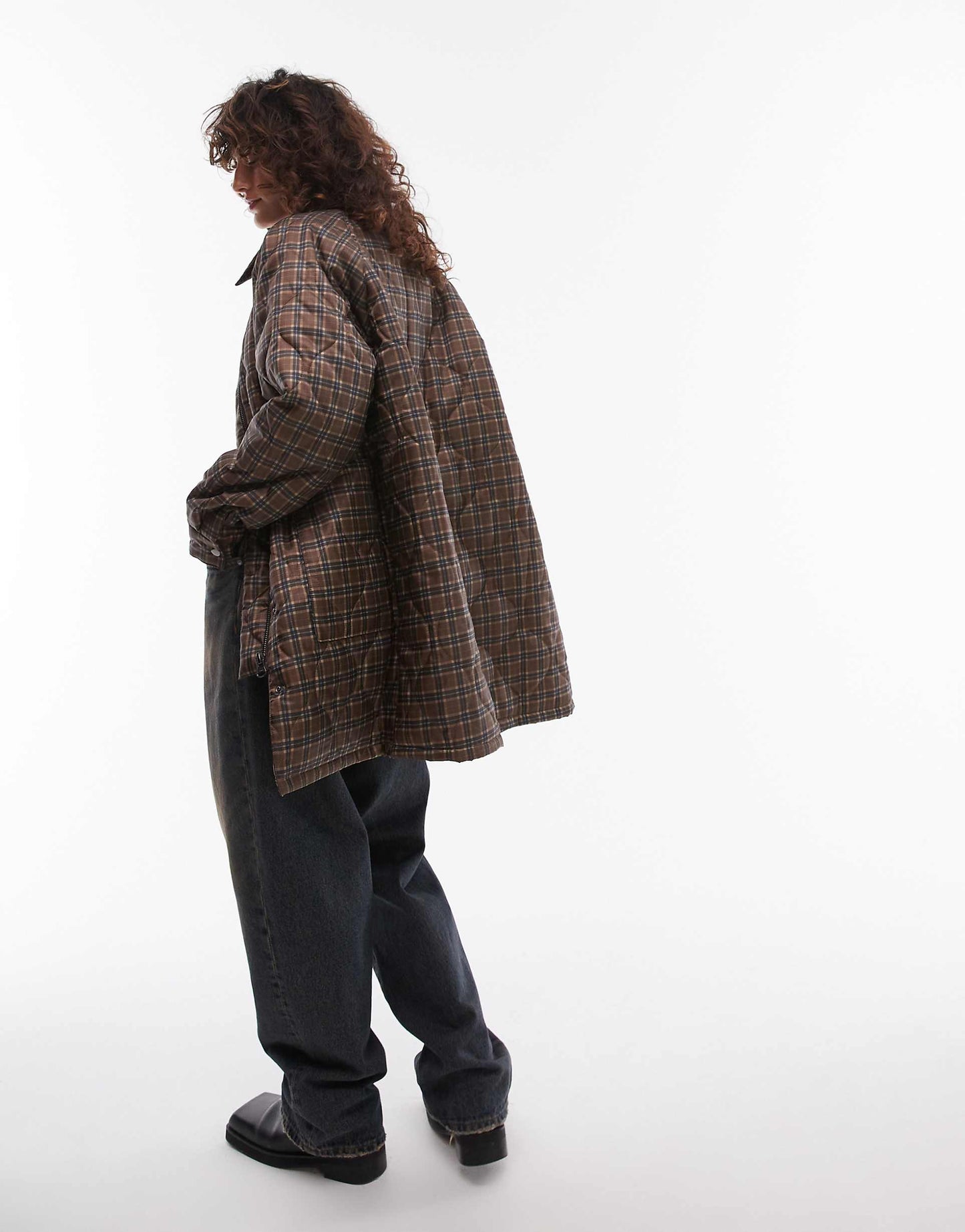 Check Long Nylon Coat With Cord Collar