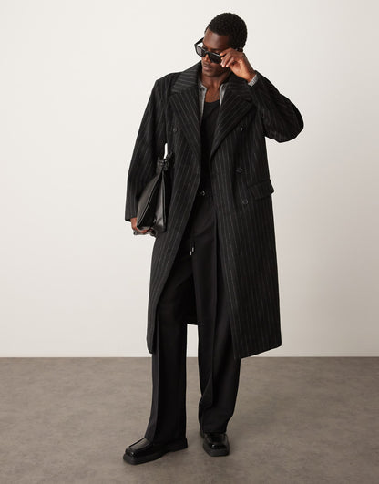 Oversized Longline Wool Look Pinstripe Coat
