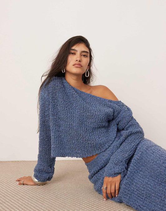 Fine Knit Twist Off Shoulder Cropped Jumper Co-Ord
