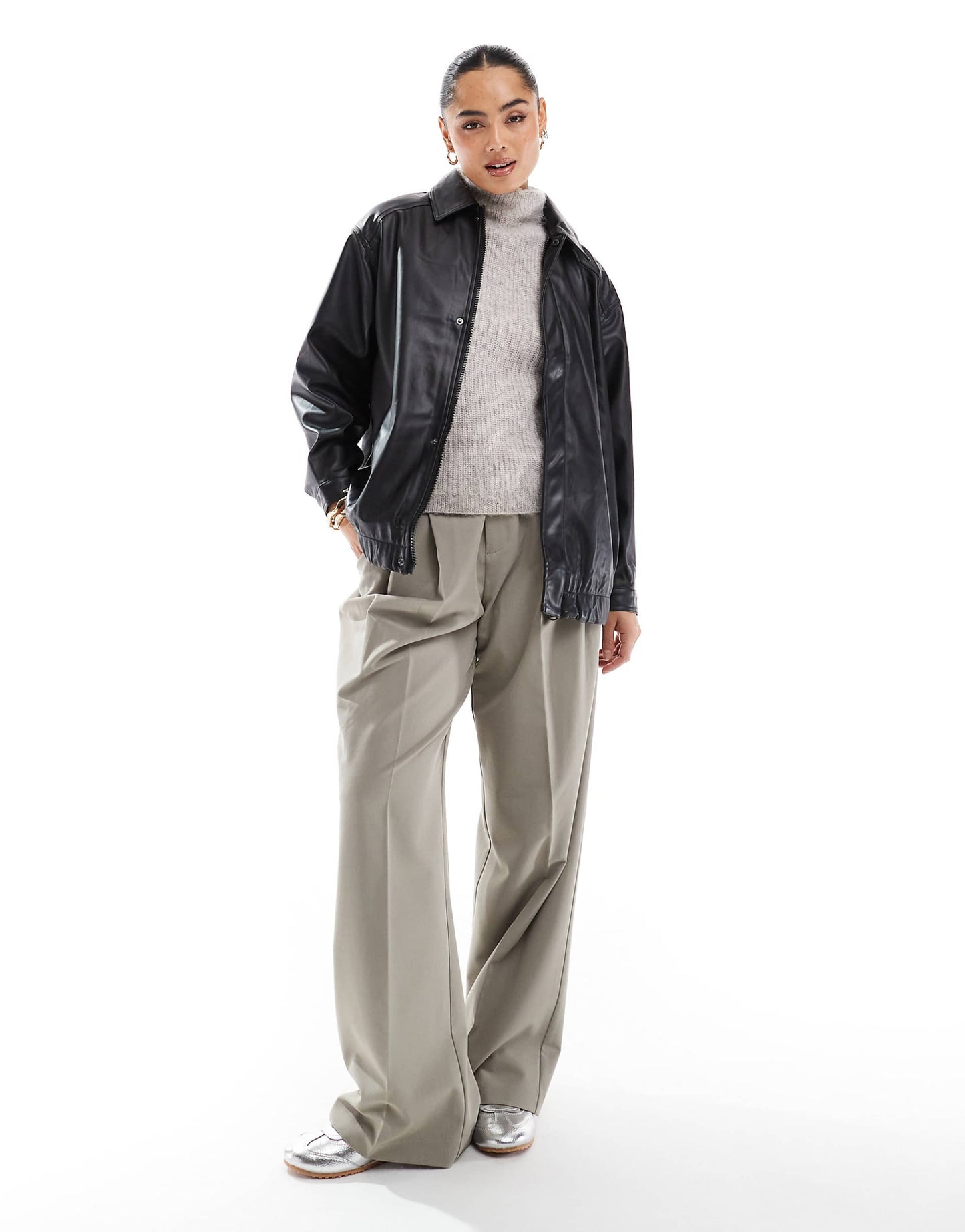Str Faux Leather Bomber Jacket