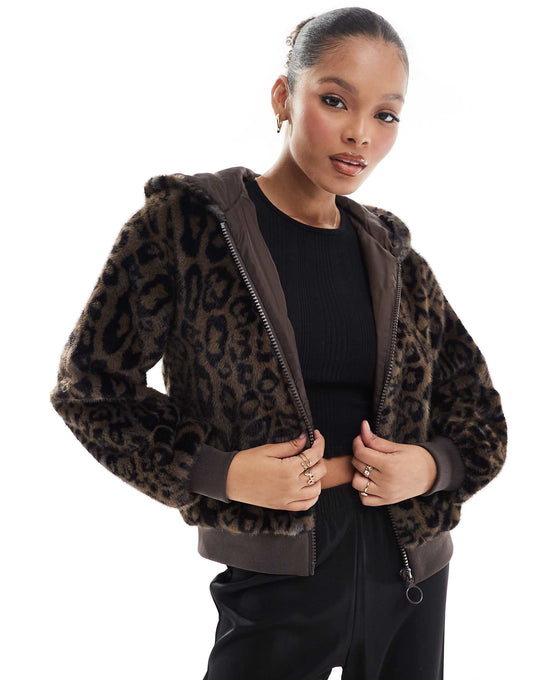 Str Faux Fur Zip Up Hooded Bomber Jacket