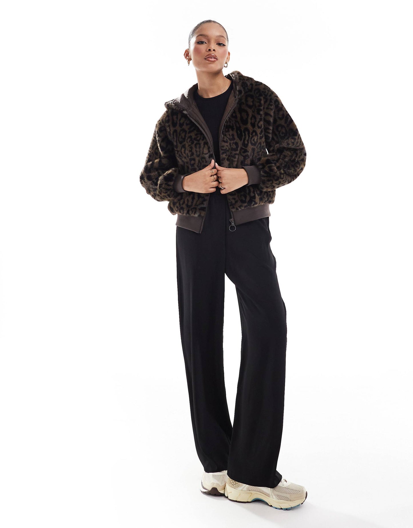Str Faux Fur Zip Up Hooded Bomber Jacket