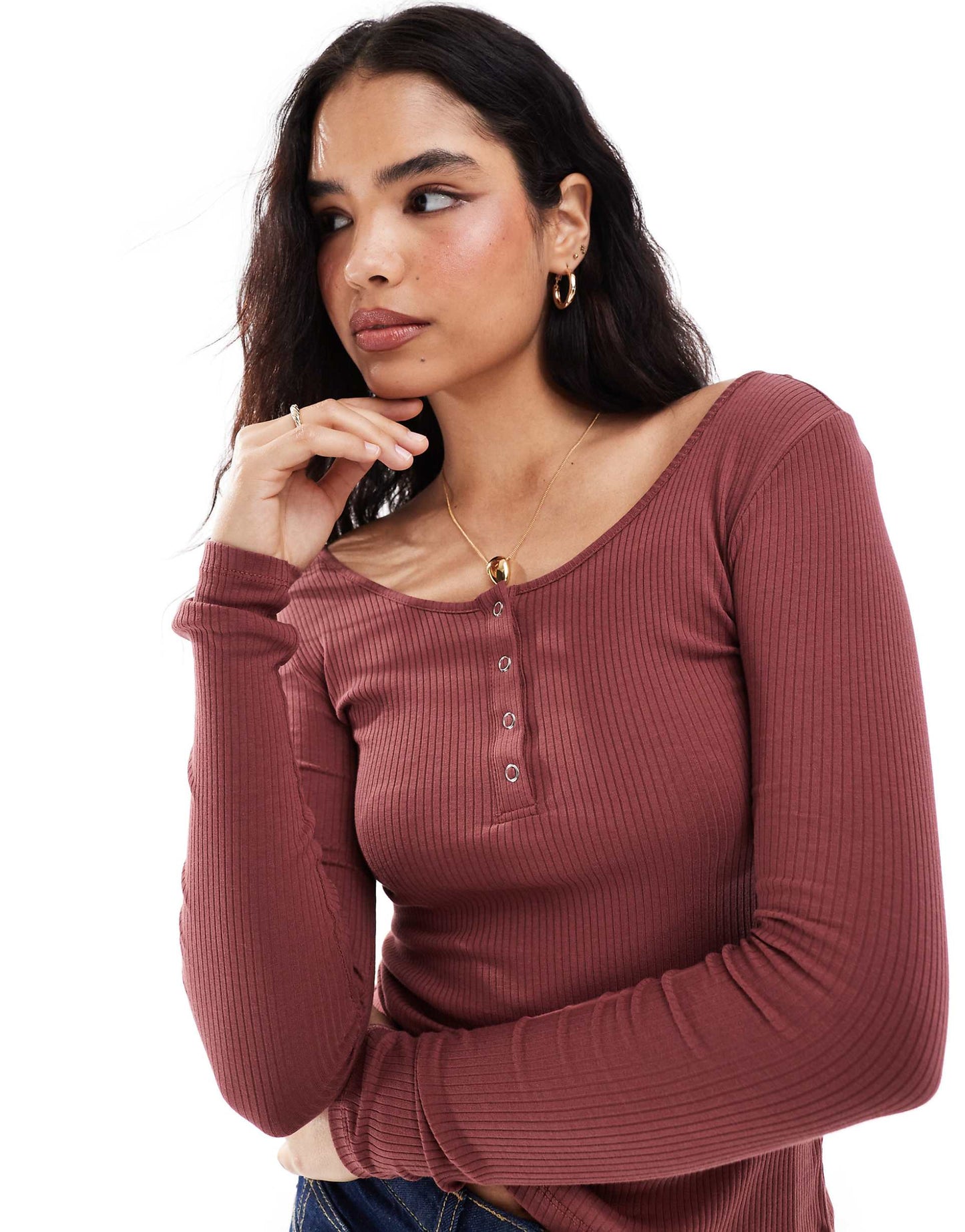 Ribbed Popper Front Long Sleeve Top