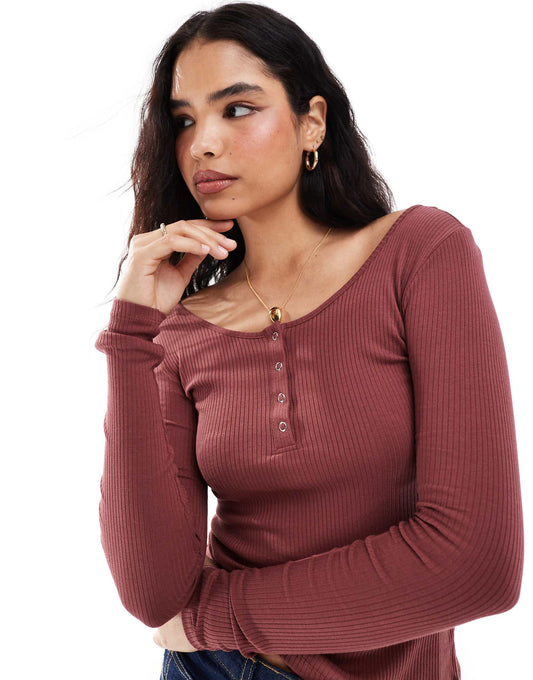 Ribbed Popper Front Long Sleeve Top