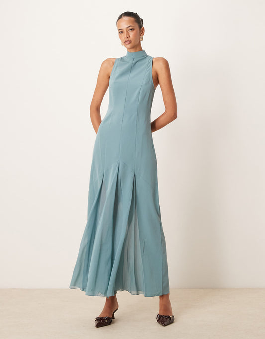 High Neck Maxi Dress With Chiffon Godets