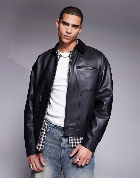 Premium Real Leather Harrington Jacket With Suede Collar