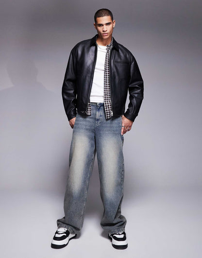 Premium Real Leather Harrington Jacket With Suede Collar