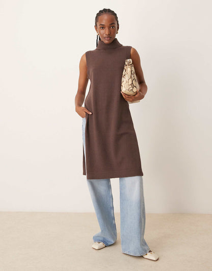High Neck Longline Knitted Vest