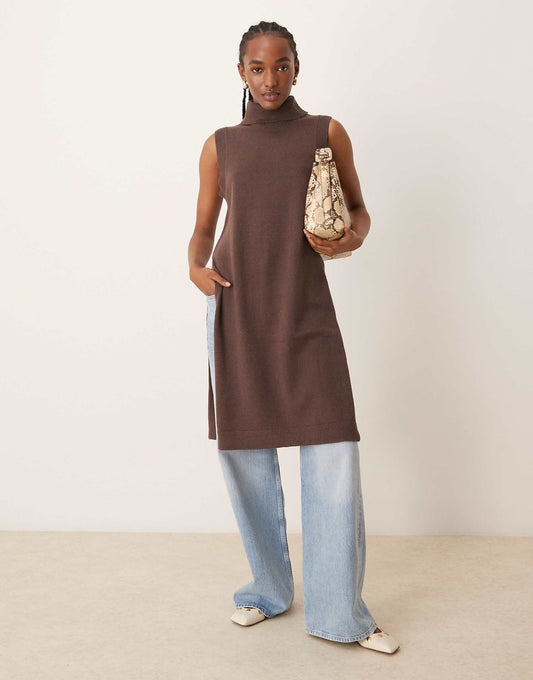 High Neck Longline Knitted Vest