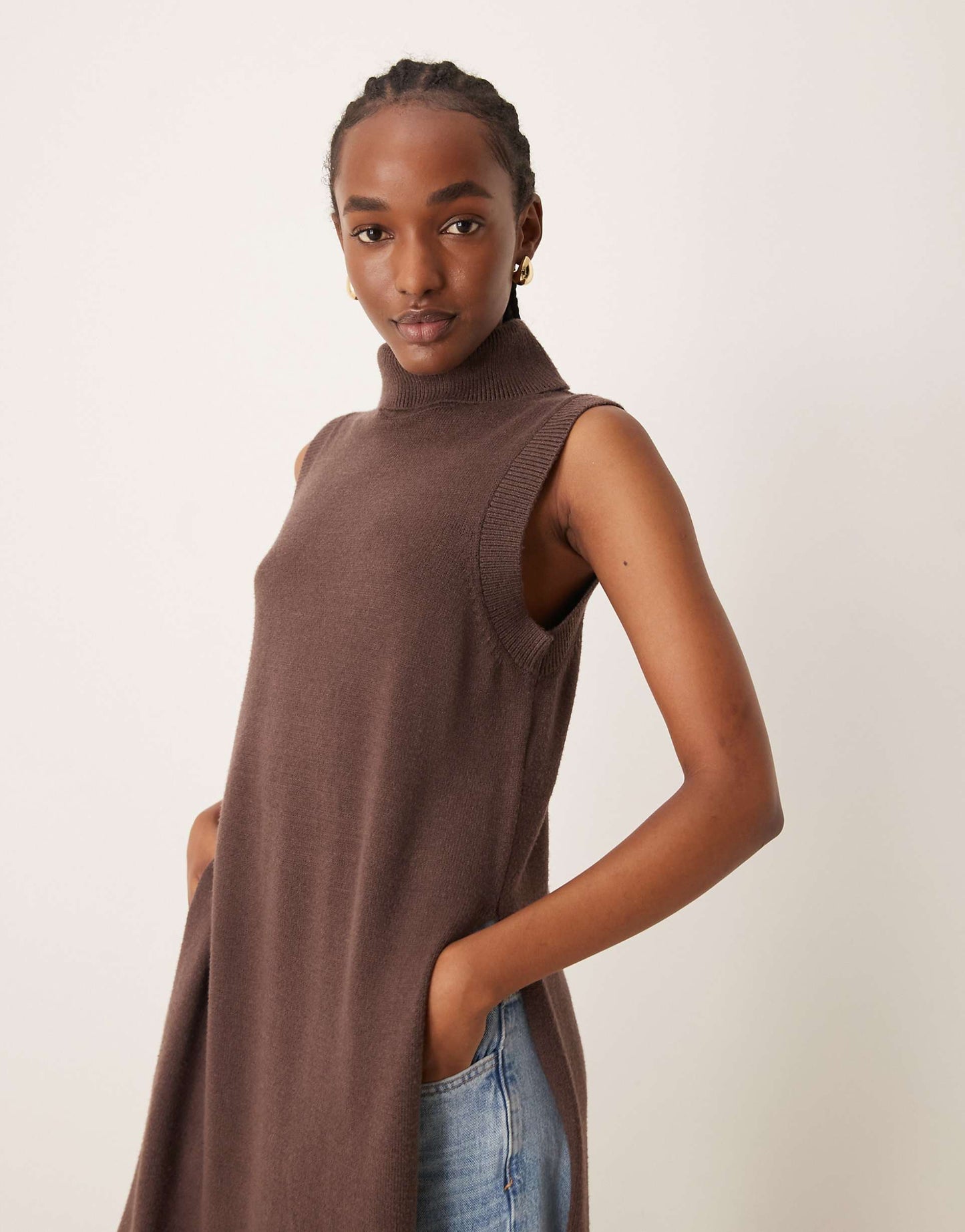 High Neck Longline Knitted Vest