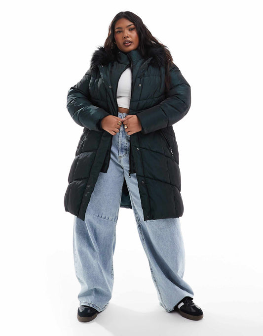 Longline Padded Coat With Faux Fur Hood