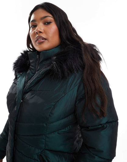 Longline Padded Coat With Faux Fur Hood