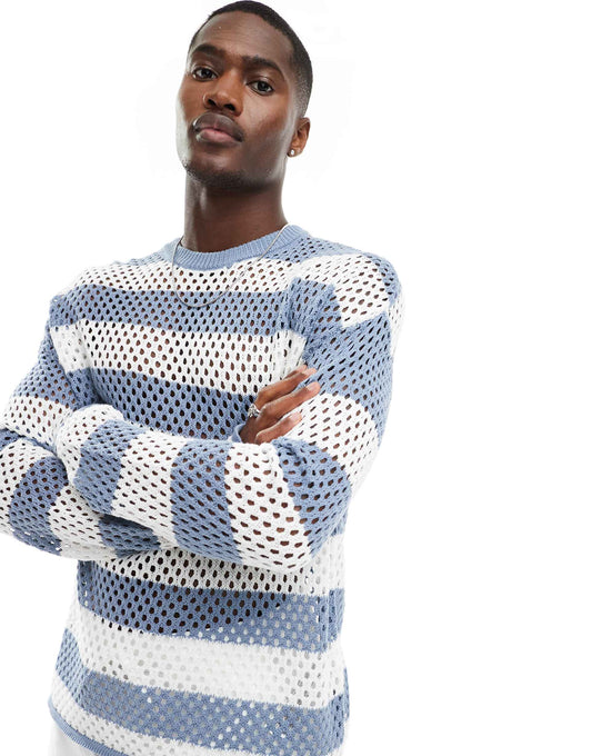 Crochet Stripe Knitted Long Sleeve Jumper