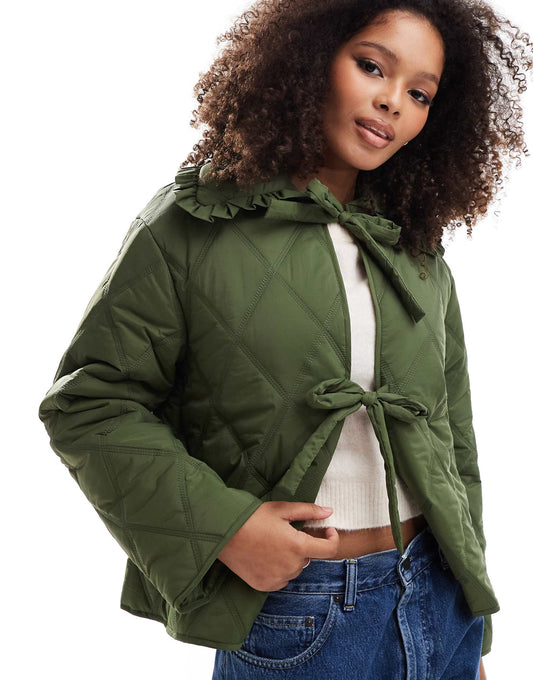 Quilted Frill Collar Jacket With Tie Front