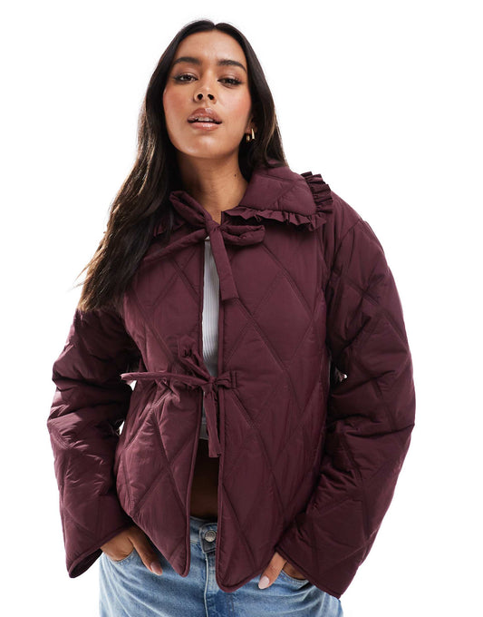 Quilted Frill Collar Jacket With Tie Front