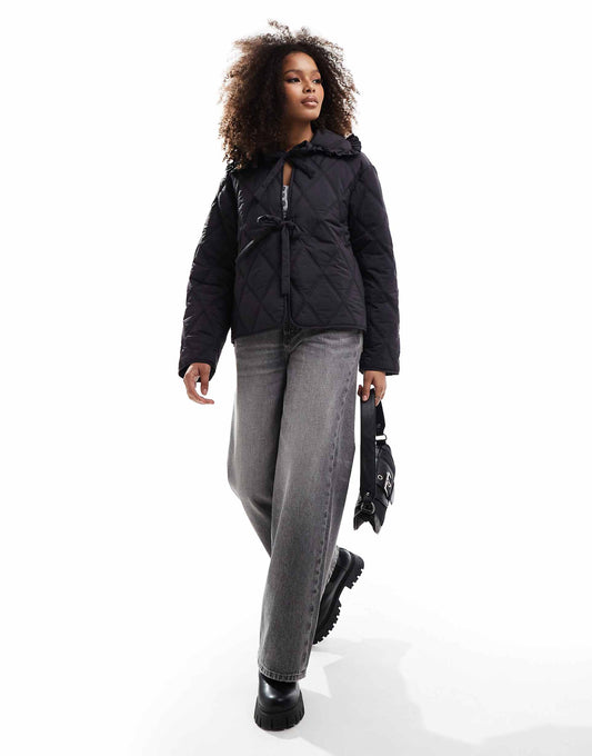 Quilted Frill Collar Jacket With Tie Front